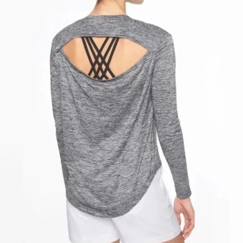 Athleta Breezy Striped Long Sleeve Athletic Shirt Navy White Petite Small